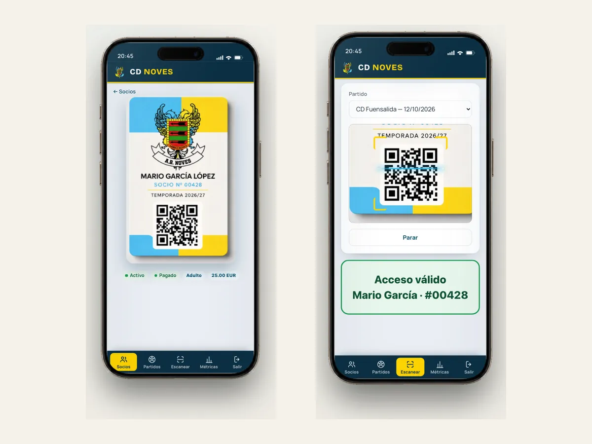 Carnet de socio digital con QR en el móvil y validación del acceso en la puerta