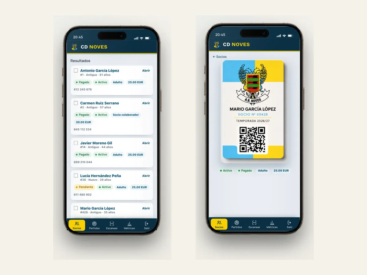 Censo de socios con estado de pago y carnet de socio digital con QR