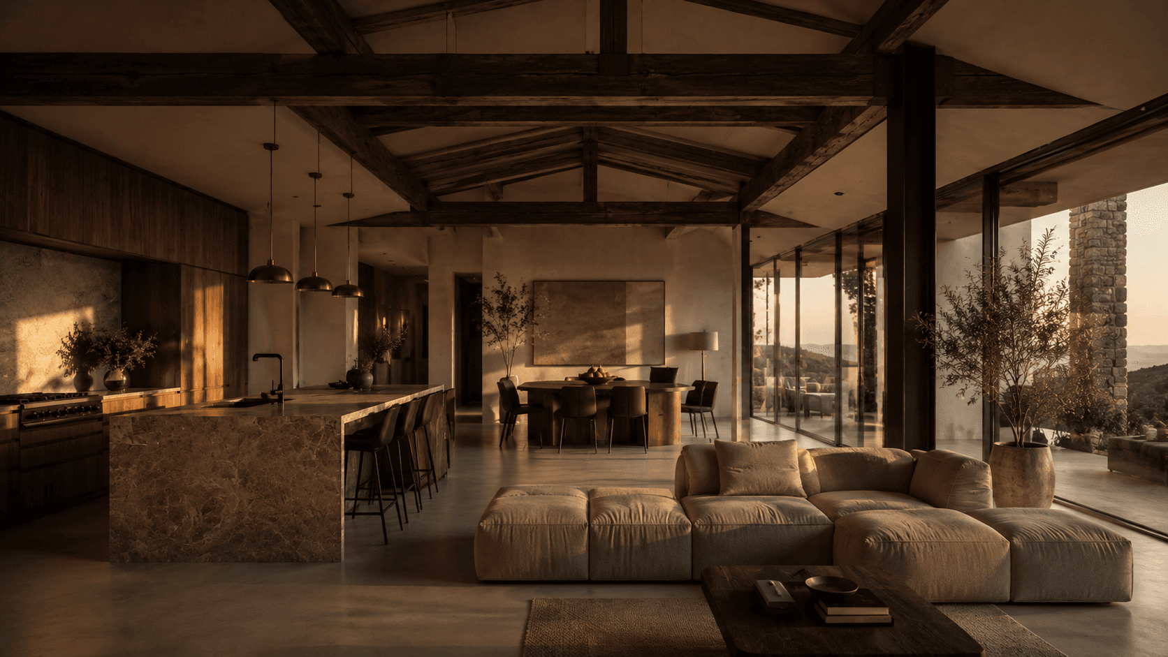 Loft de reforma integral con vigas de madera y luz dorada