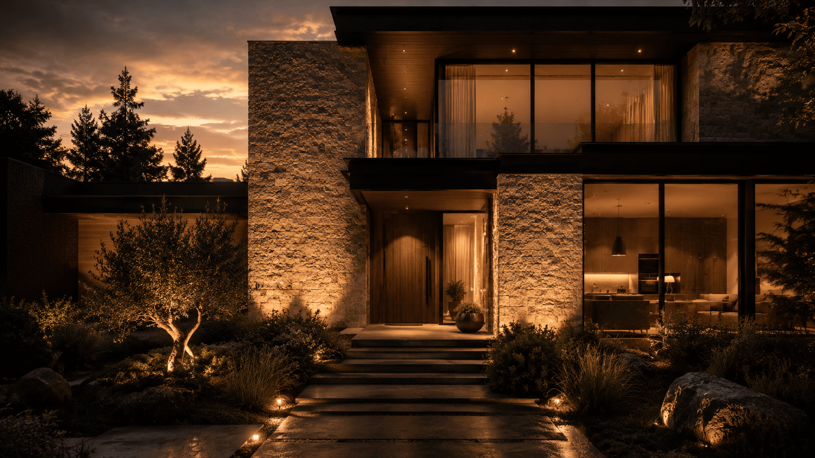 Fachada de vivienda reformada al atardecer, piedra natural e iluminación cálida