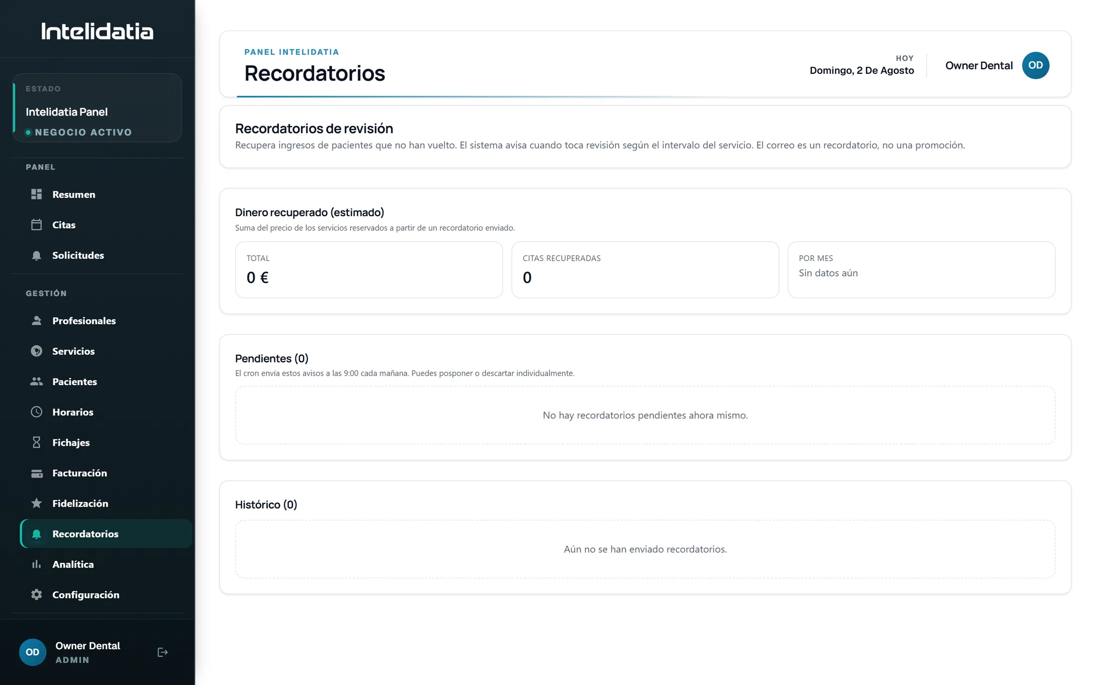 Módulo de recordatorios automáticos del panel de Intelidatia