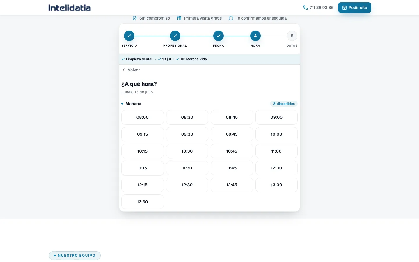 Web con reservas de Intelidatia: huecos de hora reales disponibles para elegir