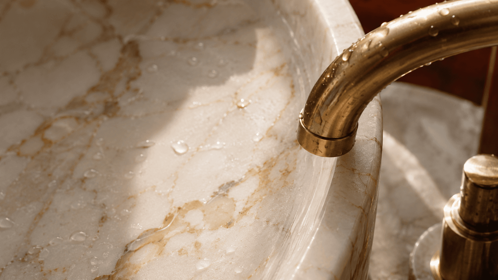Detalle macro de un lavabo de mármol veteado con grifo de latón y gotas de agua