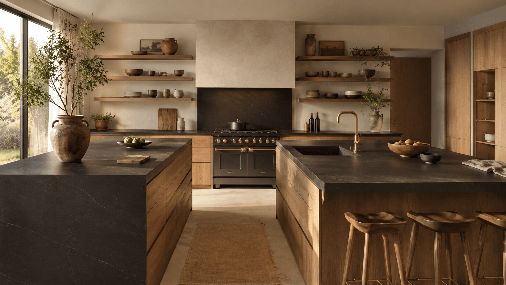Cocina familiar de roble y piedra