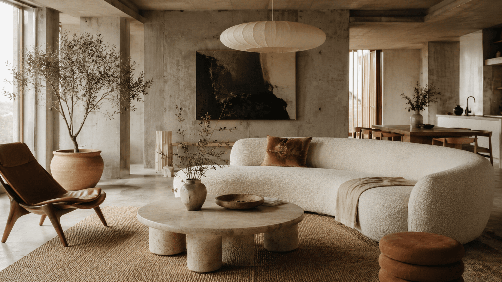 Salón loft con concreto y boucle