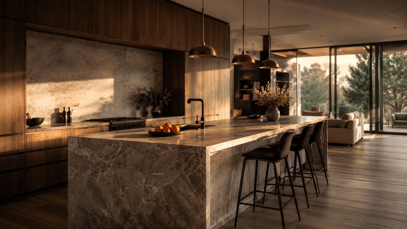 Cocina reformada con isla de piedra natural, roble y luz cálida