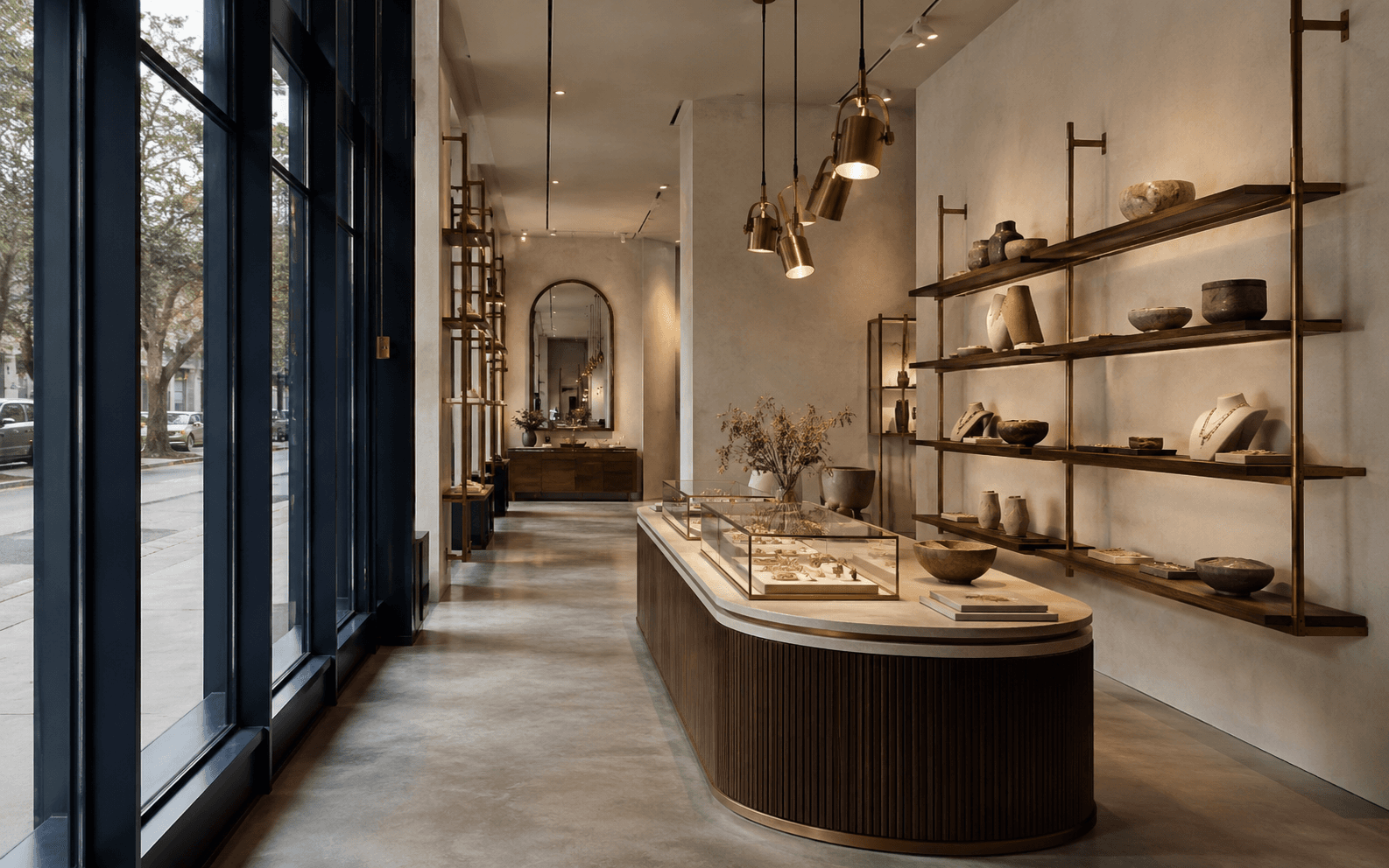 Showroom de reformas con muestras de materiales y mesa de proyecto